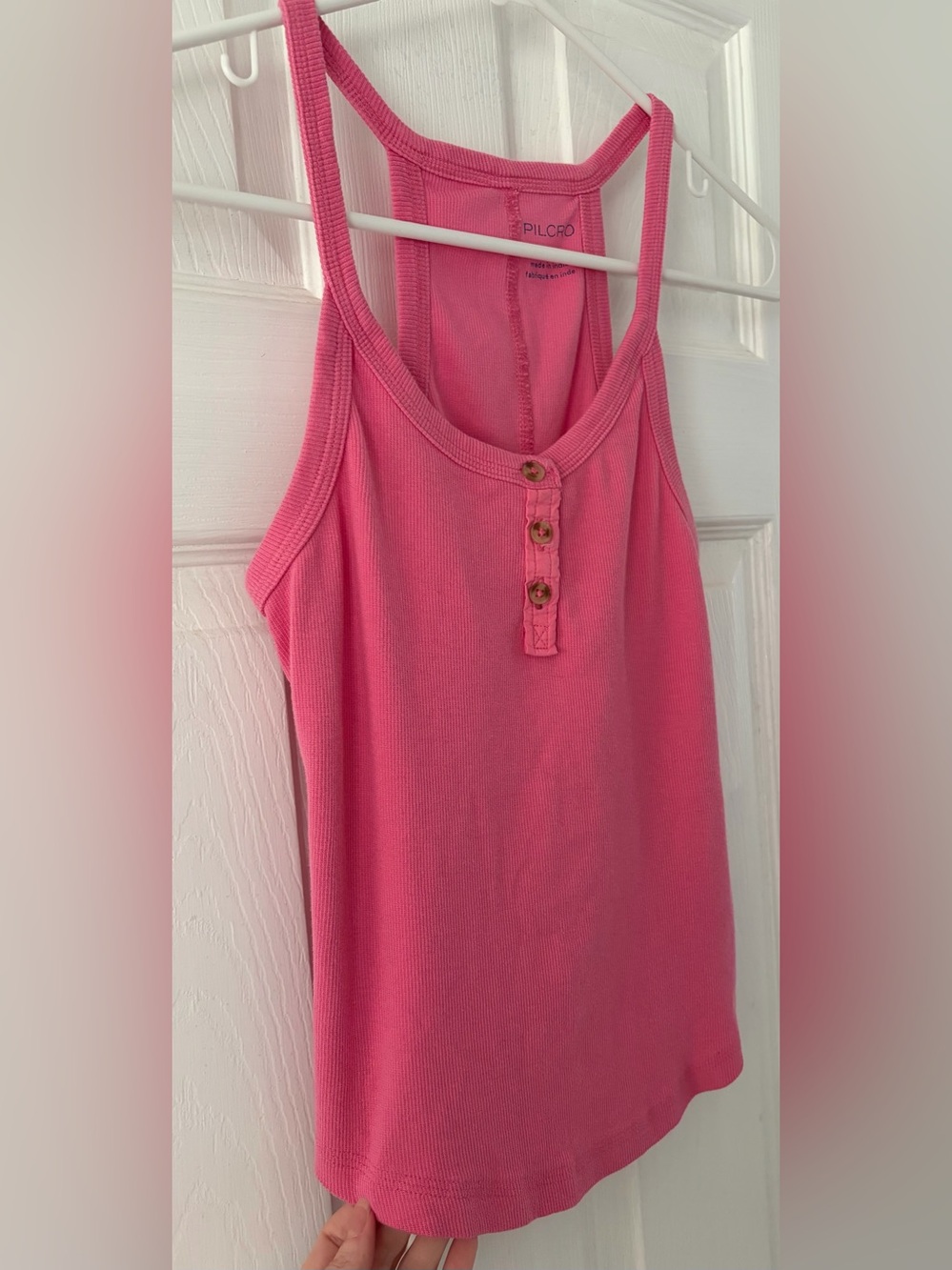 Pilcro Hot Pink Ribbed Tank Top with Button Placket - Picture 3 of 4